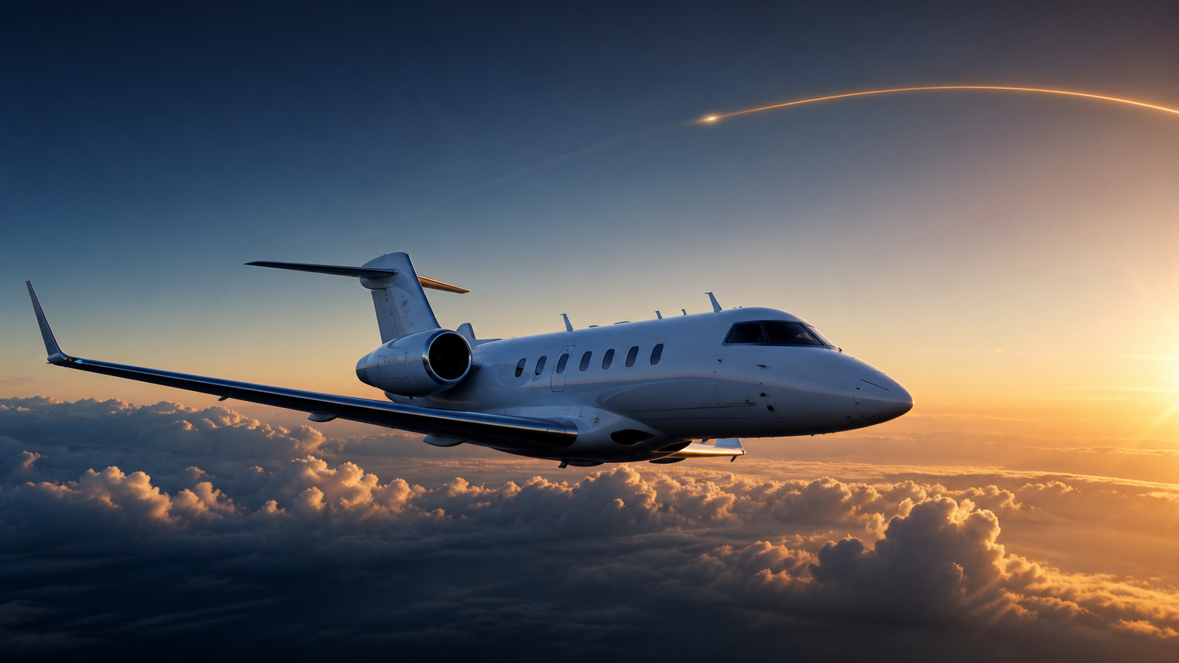 Twin-engine business and mission aircraft flying above clouds at golden dawn