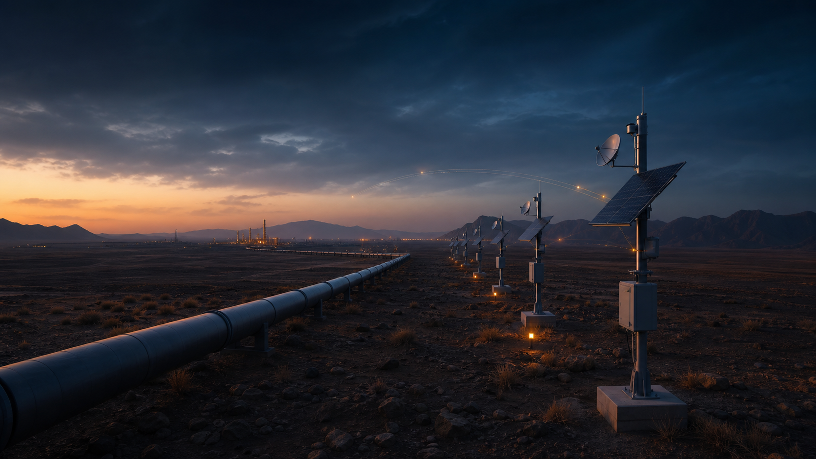 Solar-powered satellite telemetry stations monitoring a pipeline across an arid landscape